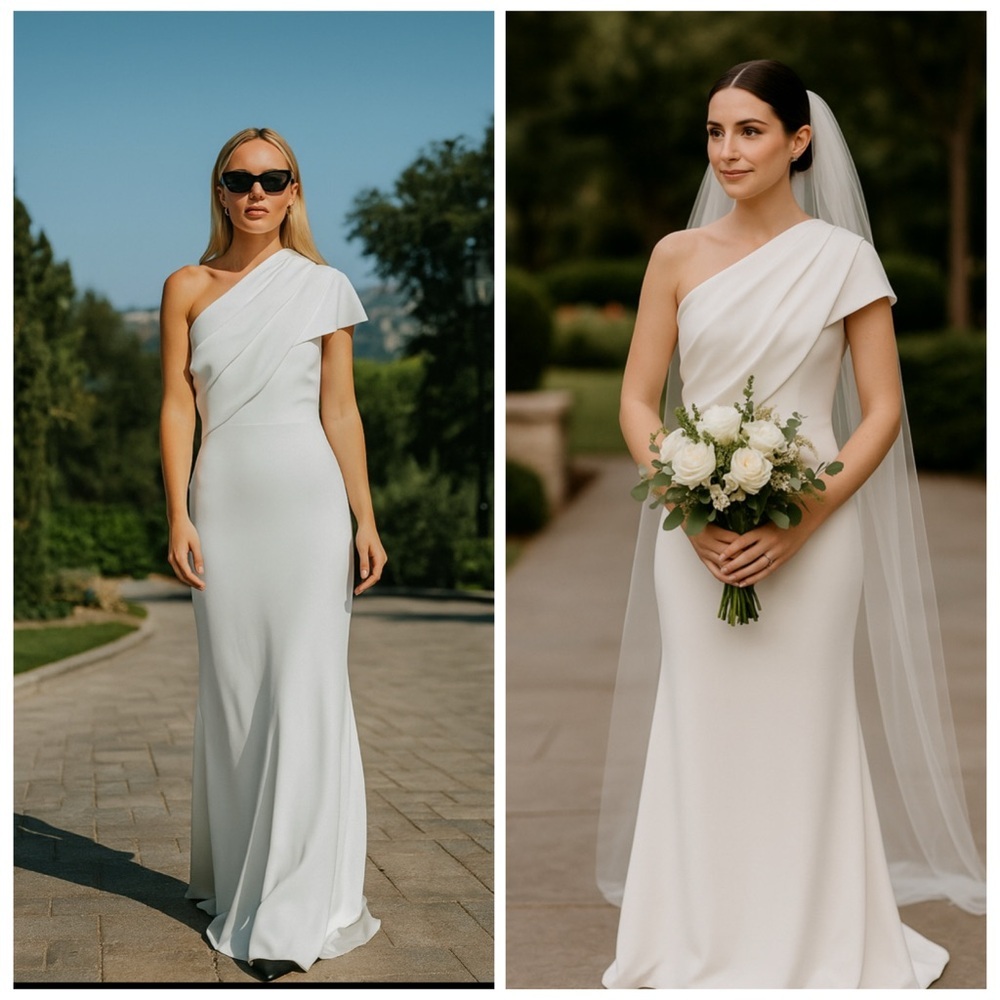 Badgley Mischka Asymmetric One Shoulder Bridal Gown White Wedding Dress Size 6 - Picture 1 of 13